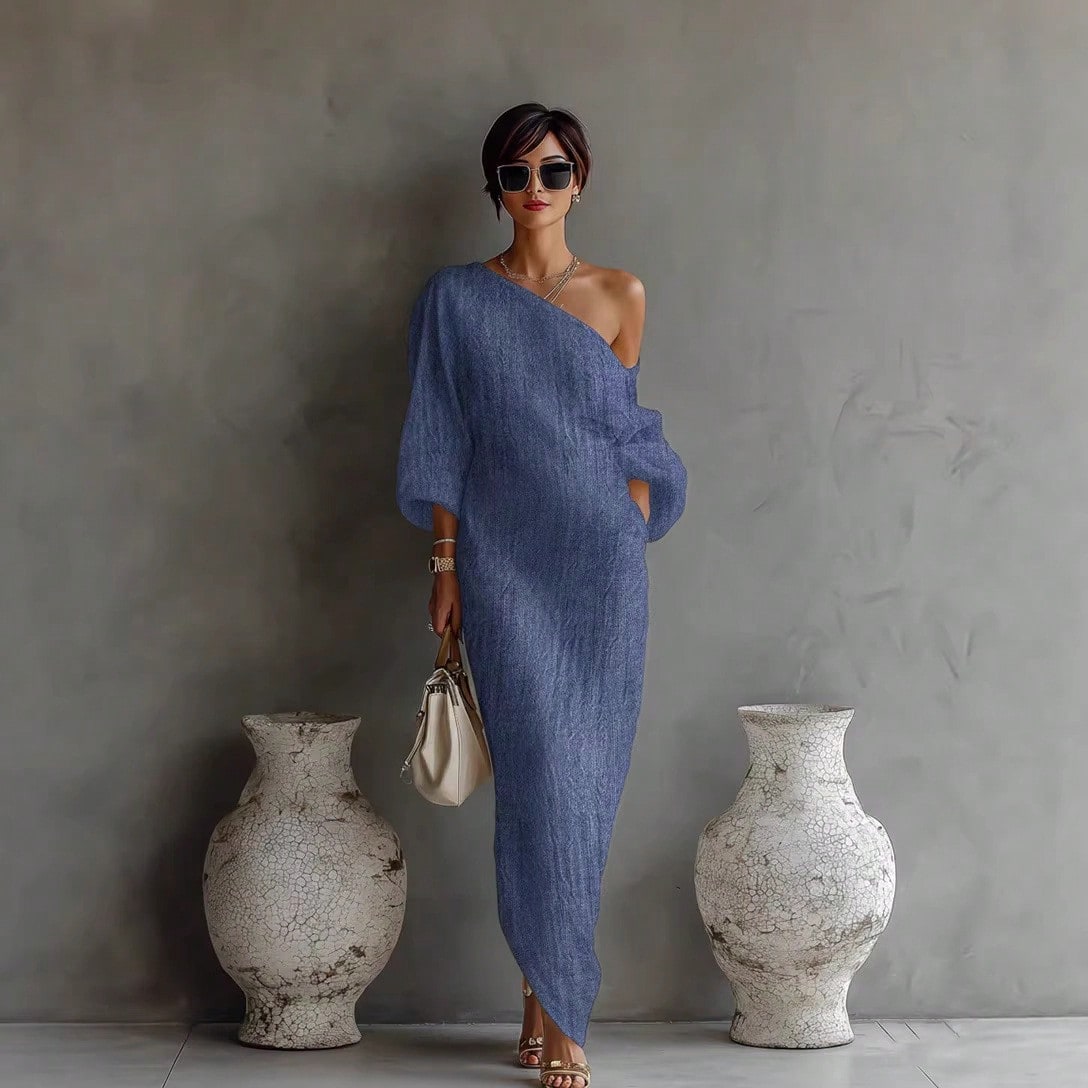 One Shoulder Maxi Dress Asymmetrical Off Shoulder Batwing Long Sleeve Side Pocket Loose Fit Elegant Casual Chic For Daily Wear Resort Vacation Semi