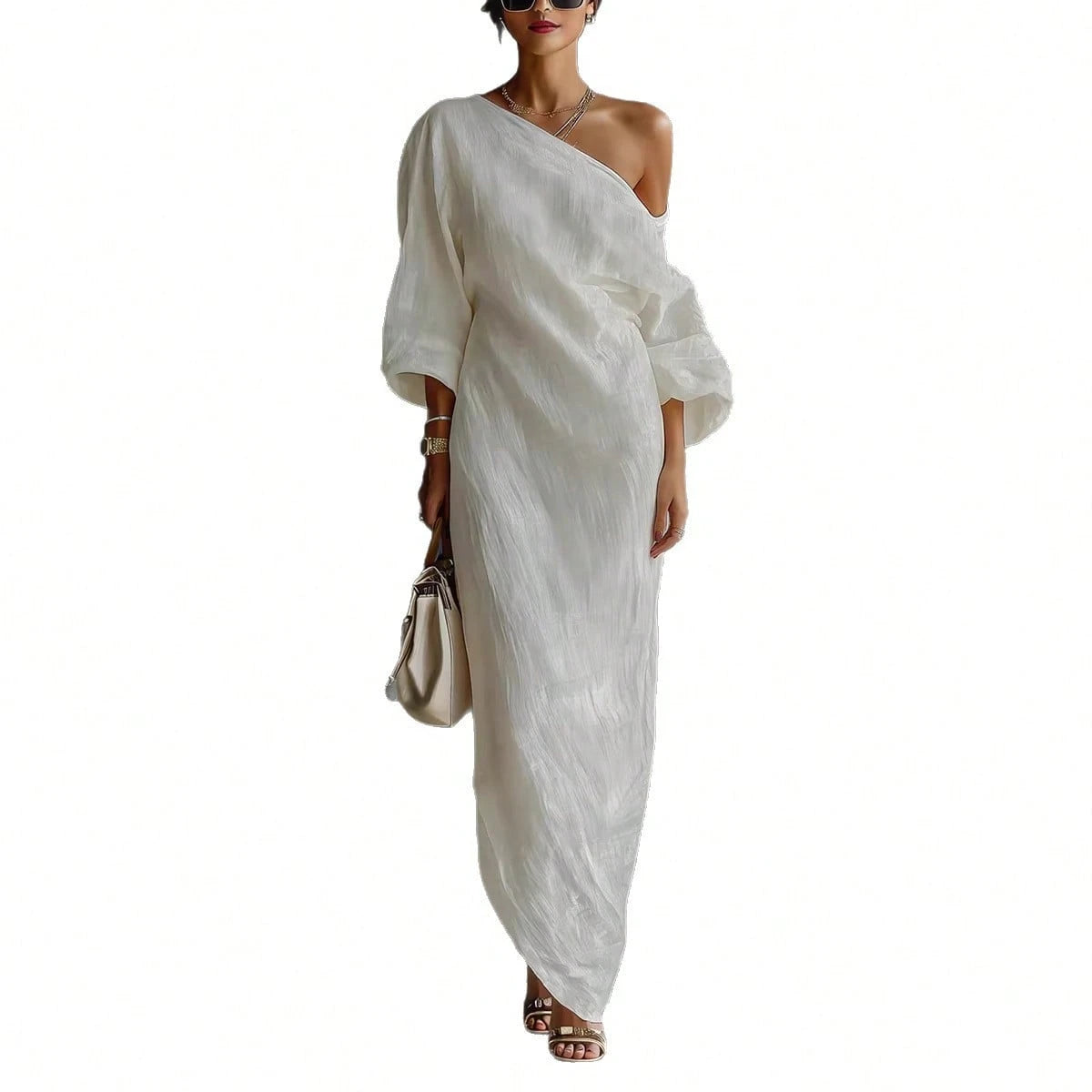 One Shoulder Maxi Dress Asymmetrical Off Shoulder Batwing Long Sleeve Side Pocket Loose Fit Elegant Casual Chic For Daily Wear Resort Vacation Semi