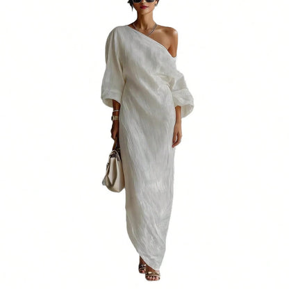 One Shoulder Maxi Dress Asymmetrical Off Shoulder Batwing Long Sleeve Side Pocket Loose Fit Elegant Casual Chic For Daily Wear Resort Vacation Semi