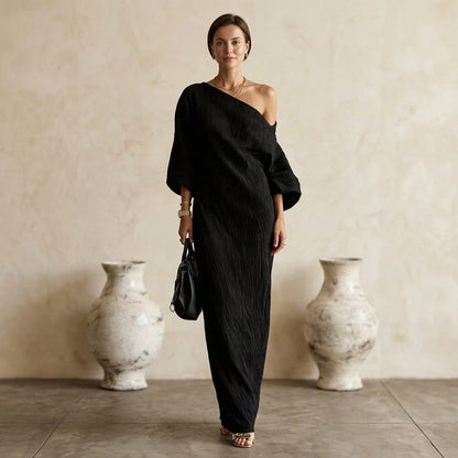 One Shoulder Maxi Dress Asymmetrical Off Shoulder Batwing Long Sleeve Side Pocket Loose Fit Elegant Casual Chic For Daily Wear Resort Vacation Semi