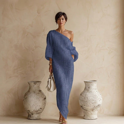 One Shoulder Maxi Dress Asymmetrical Off Shoulder Batwing Long Sleeve Side Pocket Loose Fit Elegant Casual Chic For Daily Wear Resort Vacation Semi