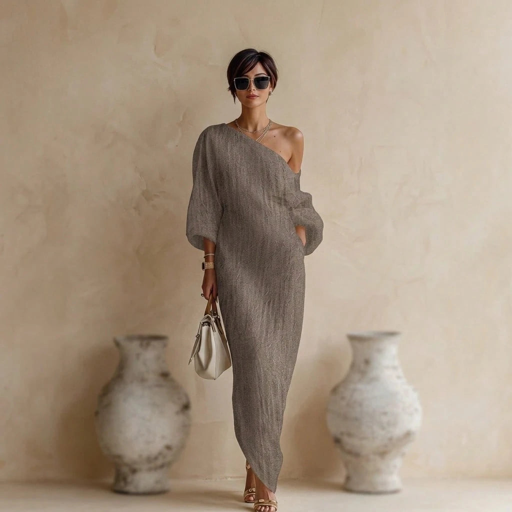 One Shoulder Maxi Dress Asymmetrical Off Shoulder Batwing Long Sleeve Side Pocket Loose Fit Elegant Casual Chic For Daily Wear Resort Vacation Semi