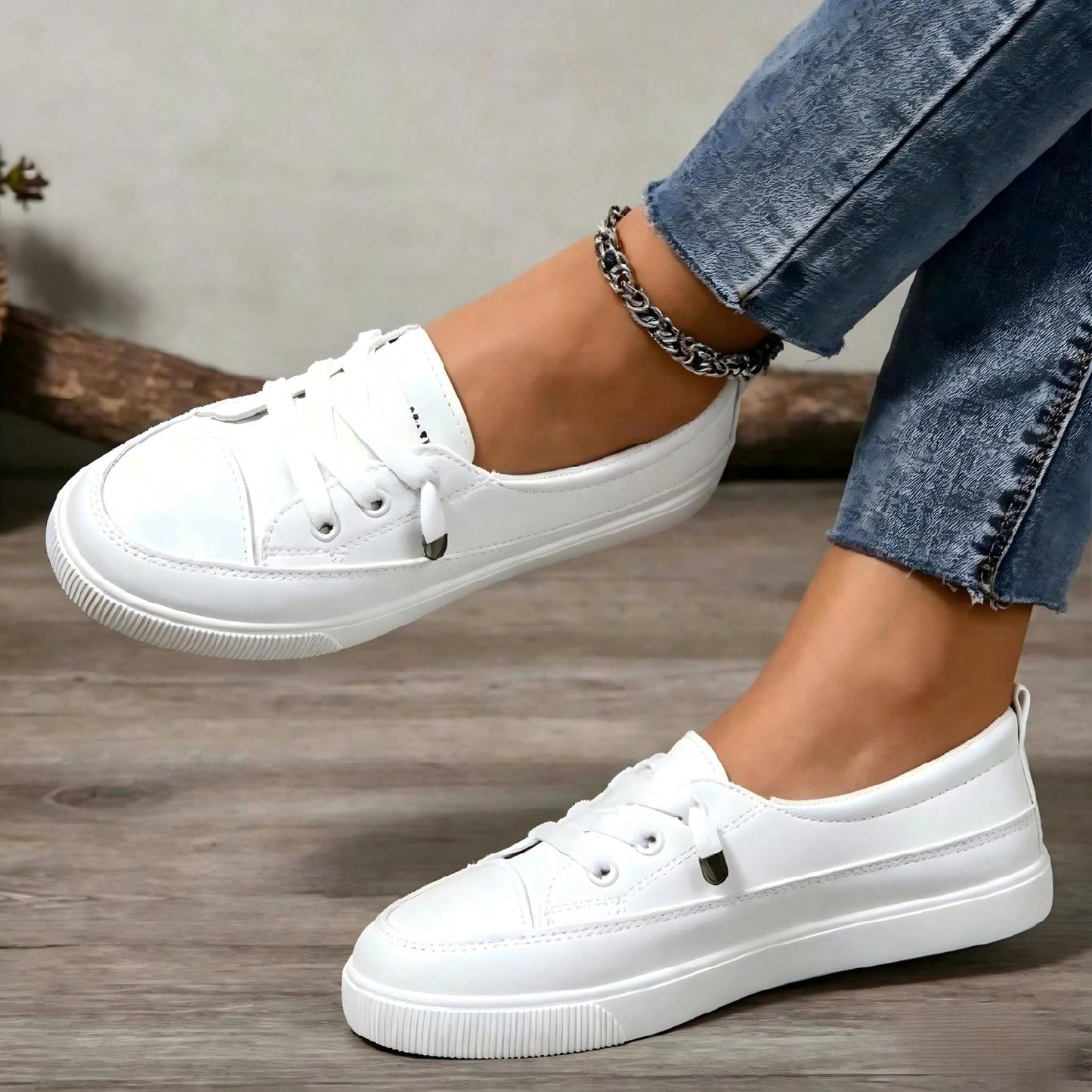 {One Size Larger Than Standard Order One Small}Women Plus Size White Sneakers, Fashion Flat Platform Casual Lace-Up Tennis Shoes, Versatile Student/S