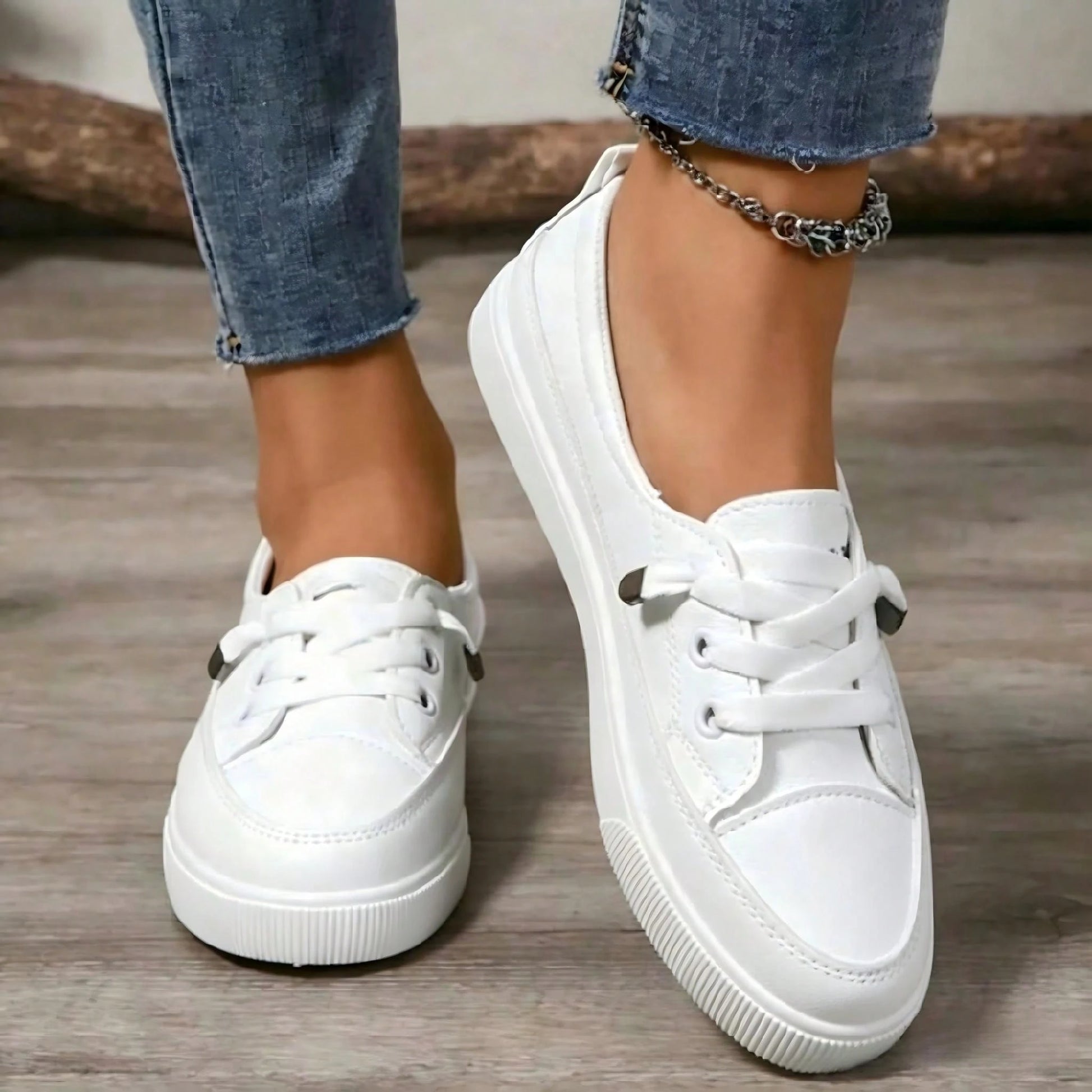 {One Size Larger Than Standard Order One Small}Women Plus Size White Sneakers, Fashion Flat Platform Casual Lace-Up Tennis Shoes, Versatile Student/S