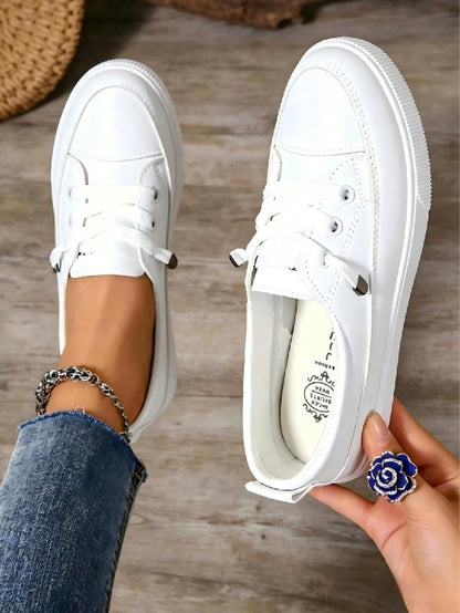 {One Size Larger Than Standard Order One Small}Women Plus Size White Sneakers, Fashion Flat Platform Casual Lace-Up Tennis Shoes, Versatile Student/S