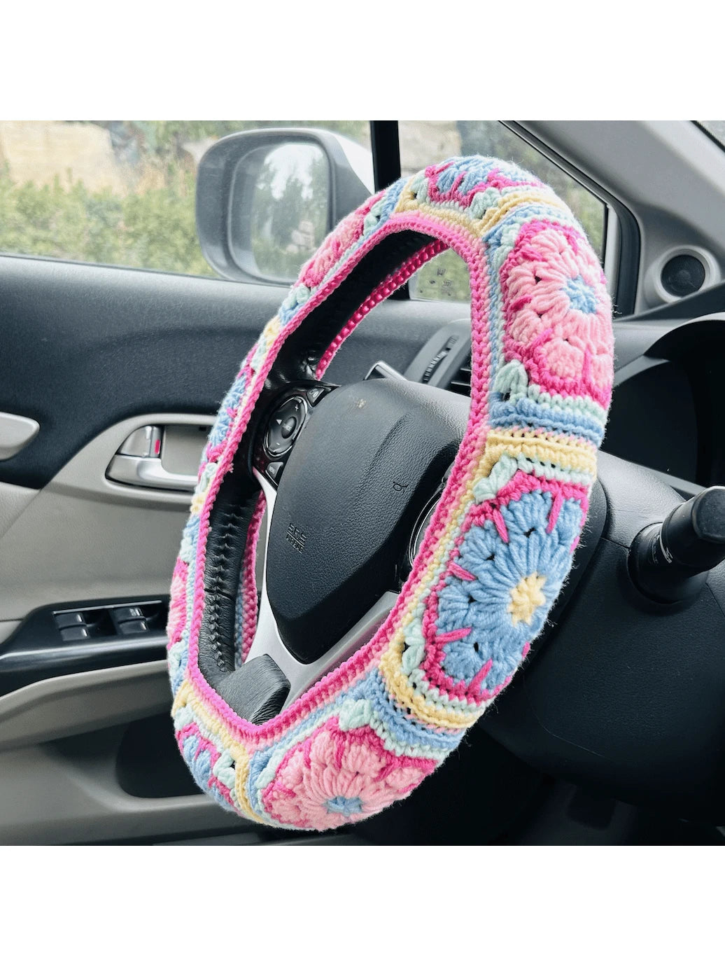 onEternal Handmade Crochet Colorful Galsang Flower Steering Wheel Cover And Seat Belt Cover Car Decor Set