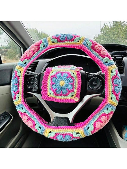 onEternal Handmade Crochet Colorful Galsang Flower Steering Wheel Cover And Seat Belt Cover Car Decor Set