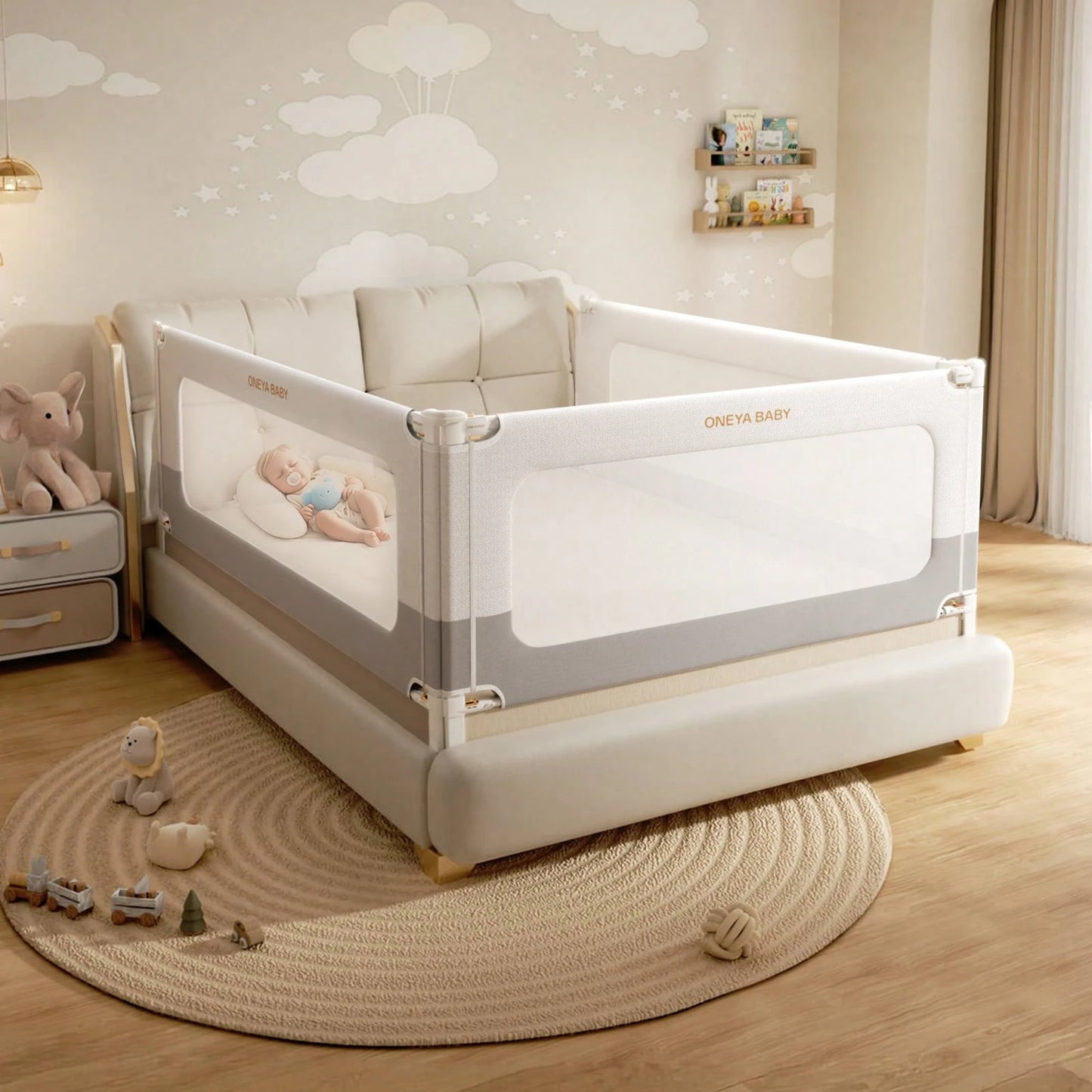 ONEYA BABY 3 Piece Bed Rails, No-Drill Needed Baby Bed Rail Guard For Toddlers With Height Adjustable, Thickened Child Safety Side Railing Guards
