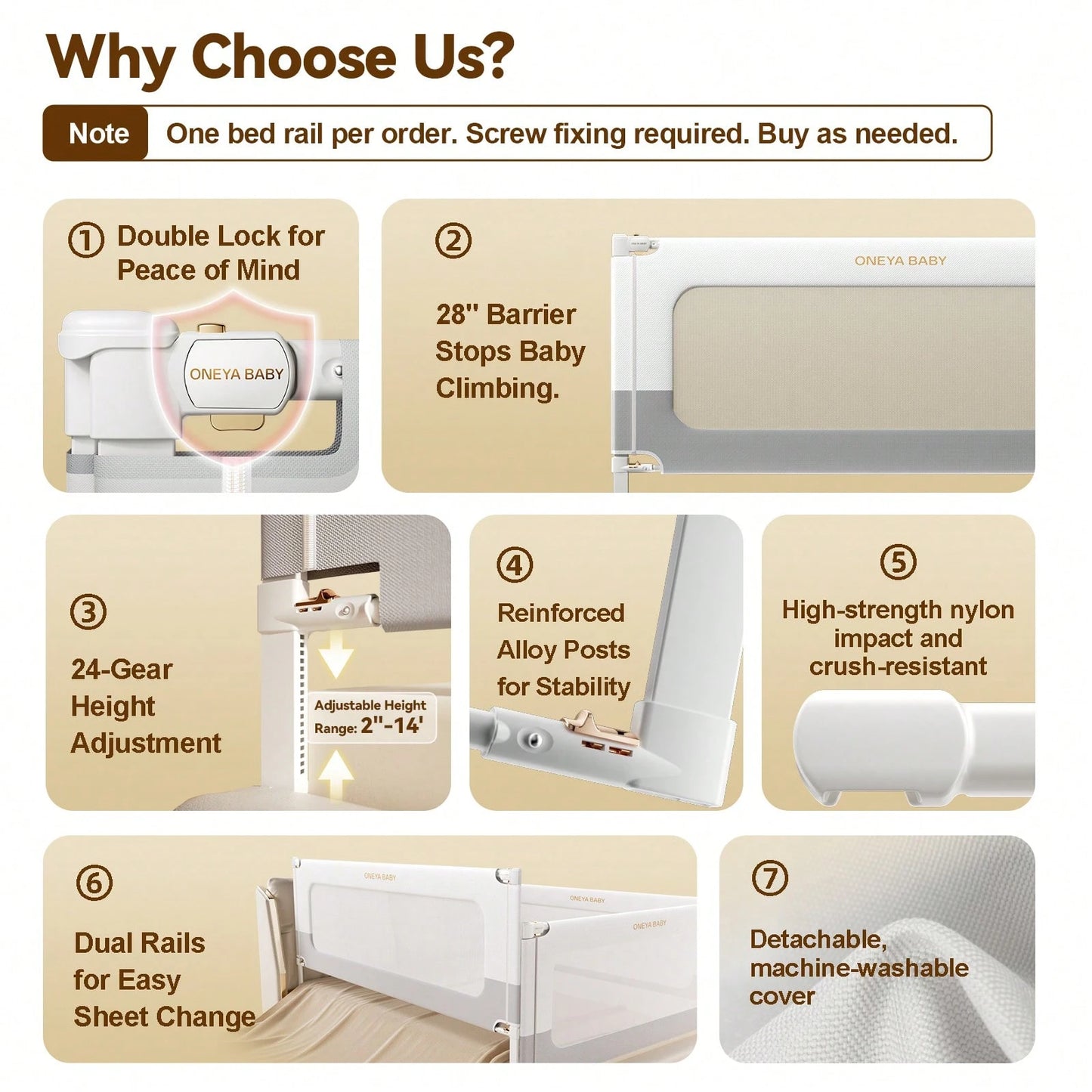 ONEYA BABY 3 Piece Bed Rails, No-Drill Needed Baby Bed Rail Guard For Toddlers With Height Adjustable, Thickened Child Safety Side Railing Guards