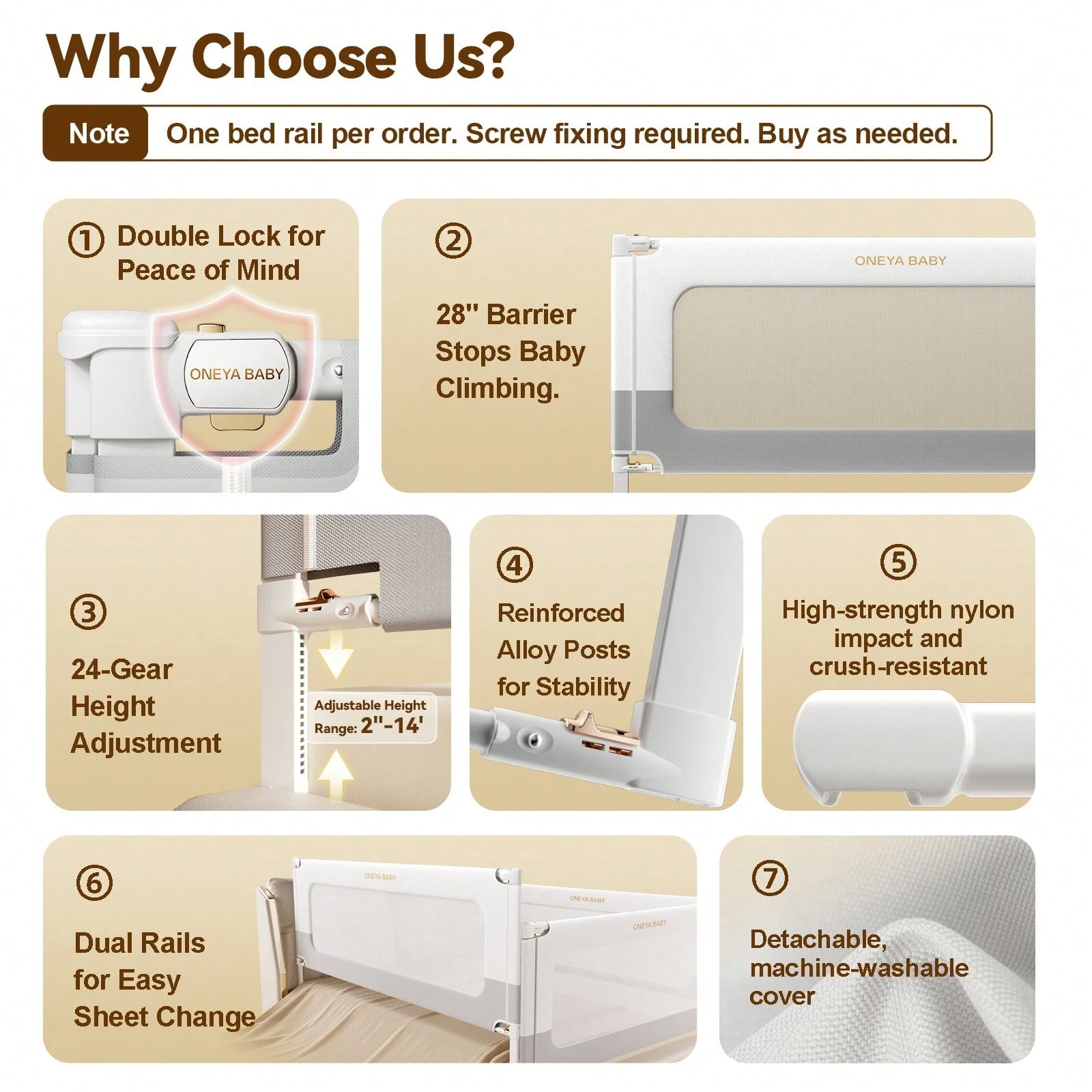 ONEYA BABY 3 Piece Bed Rails, No-Drill Needed Baby Bed Rail Guard For Toddlers With Height Adjustable, Thickened Child Safety Side Railing Guards