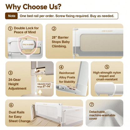 ONEYA BABY 3 Piece Bed Rails, No-Drill Needed Baby Bed Rail Guard For Toddlers With Height Adjustable, Thickened Child Safety Side Railing Guards