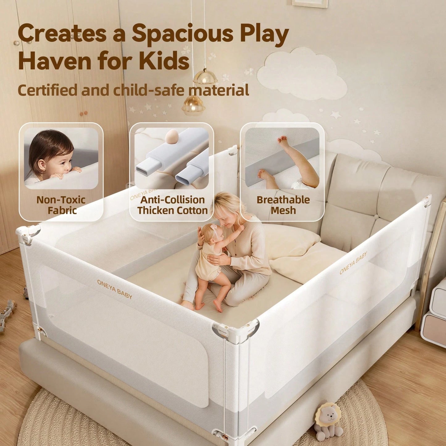 ONEYA BABY 3 Piece Bed Rails, No-Drill Needed Baby Bed Rail Guard For Toddlers With Height Adjustable, Thickened Child Safety Side Railing Guards