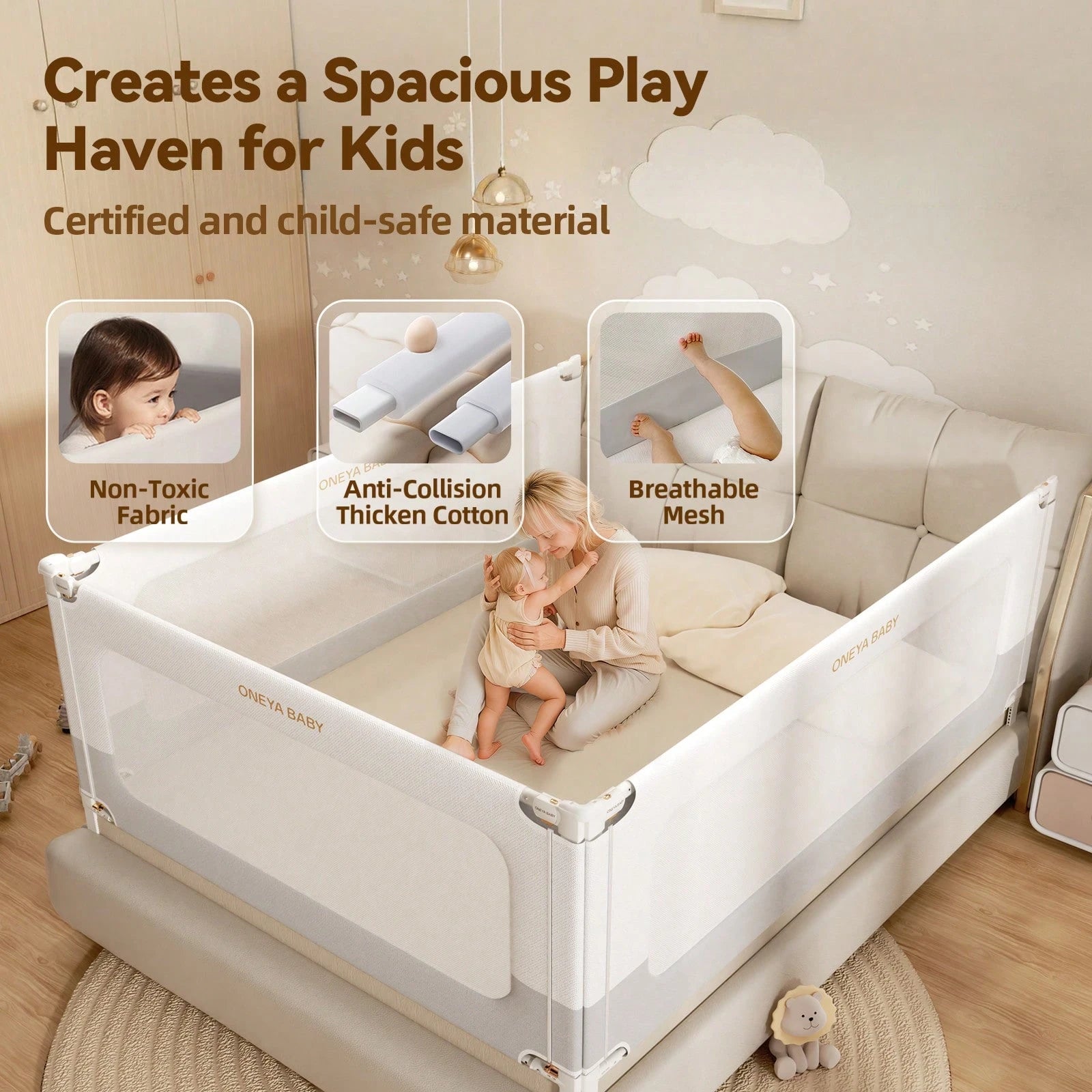 ONEYA BABY 3 Piece Bed Rails, No-Drill Needed Baby Bed Rail Guard For Toddlers With Height Adjustable, Thickened Child Safety Side Railing Guards