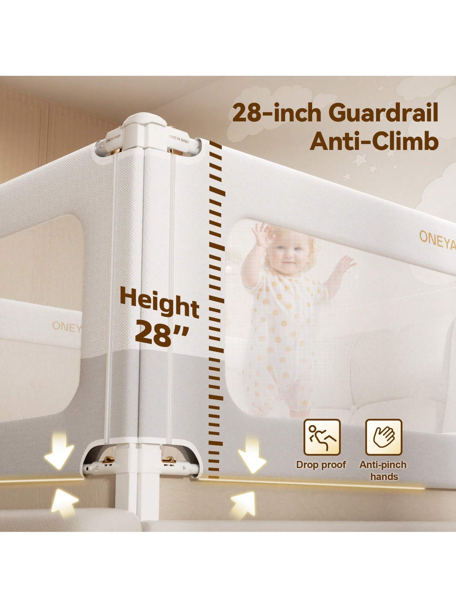 ONEYA BABY 3 Piece Bed Rails, No-Drill Needed Baby Bed Rail Guard For Toddlers With Height Adjustable, Thickened Child Safety Side Railing Guards