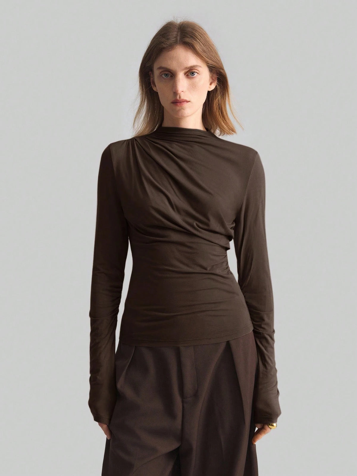 Ontre Women Elegant Dark Brown Autumn Office Wear,2026 Spring/Summer Asymmetric Pleated Collar Long Sleeve Minimalist Urban Business Casual Viscose Blouse
