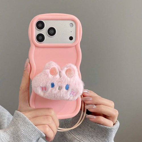 Order & Follow Store To Get Free Lanyard, Minimalist Solid Color Wavy Edge Macaron Phone Case + Cartoon Plush Animal INS Airbag Stand + Lanyard Phone Case/ Compatible With Apple 17PROMAX/16promax/15p
