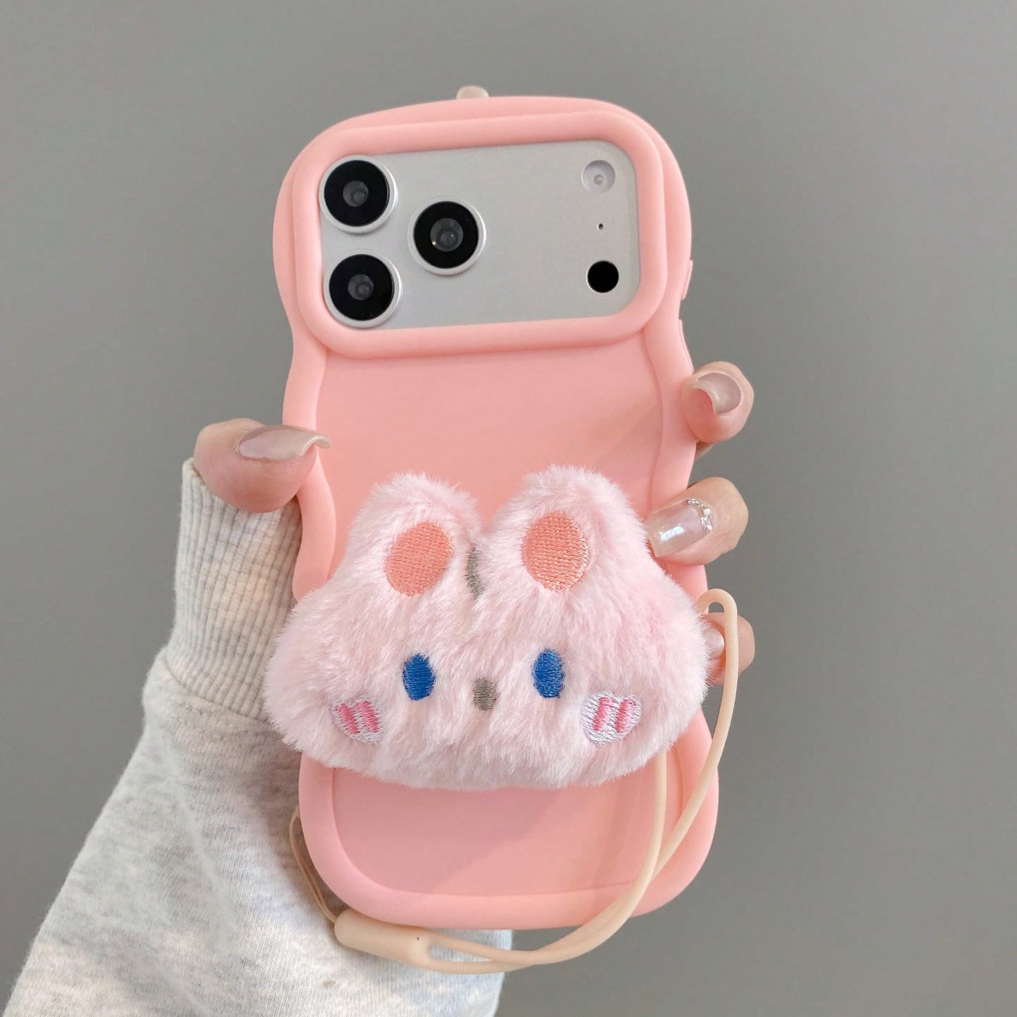 Order & Follow Store To Get Free Lanyard, Minimalist Solid Color Wavy Edge Macaron Phone Case + Cartoon Plush Animal INS Airbag Stand + Lanyard Phone Case/ Compatible With Apple 17PROMAX/16promax/15p