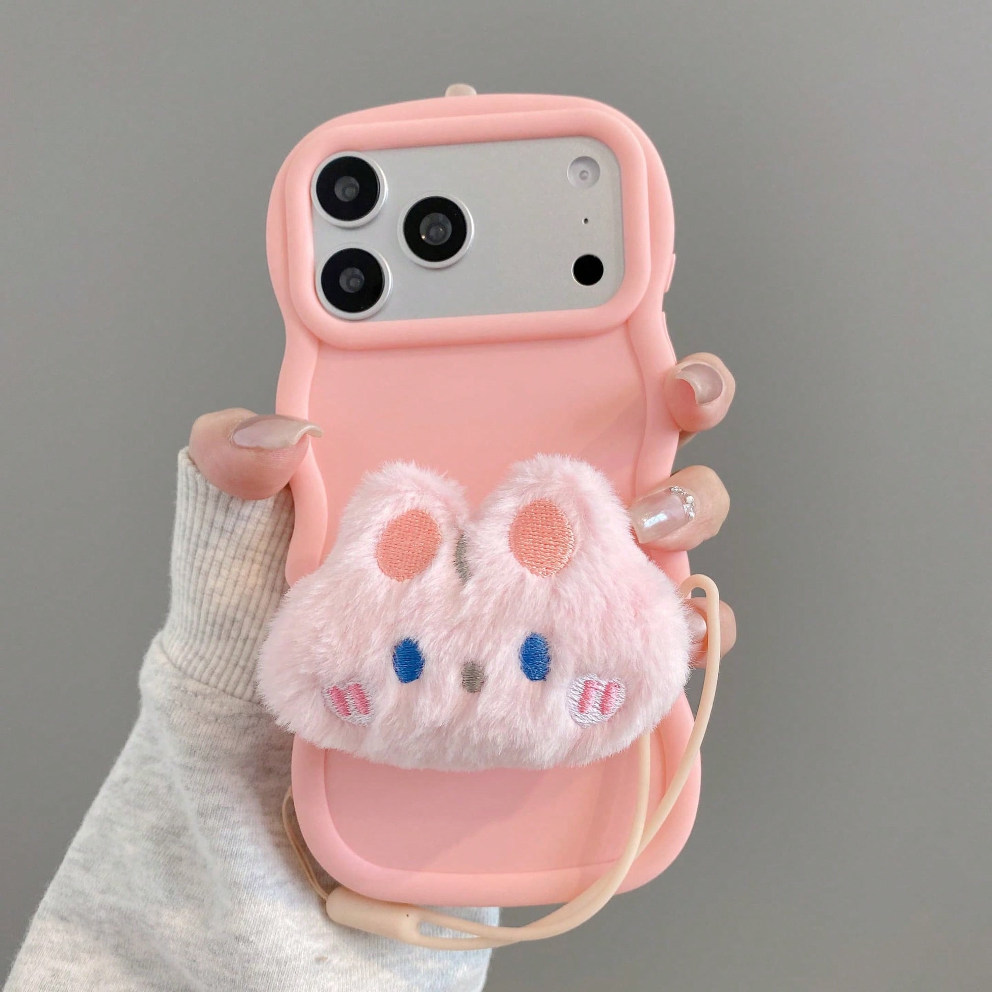 Order & Follow Store To Get Free Lanyard, Minimalist Solid Color Wavy Edge Macaron Phone Case + Cartoon Plush Animal INS Airbag Stand + Lanyard Phone Case/ Compatible With Apple 17PROMAX/16promax/15p