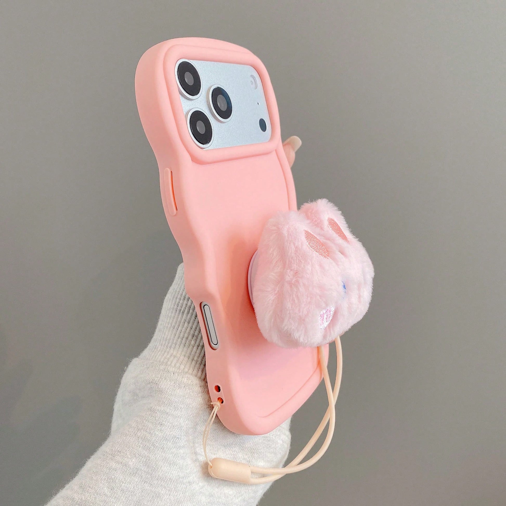 Order & Follow Store To Get Free Lanyard, Minimalist Solid Color Wavy Edge Macaron Phone Case + Cartoon Plush Animal INS Airbag Stand + Lanyard Phone Case/ Compatible With Apple 17PROMAX/16promax/15p