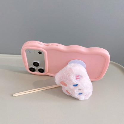 Order & Follow Store To Get Free Lanyard, Minimalist Solid Color Wavy Edge Macaron Phone Case + Cartoon Plush Animal INS Airbag Stand + Lanyard Phone Case/ Compatible With Apple 17PROMAX/16promax/15p