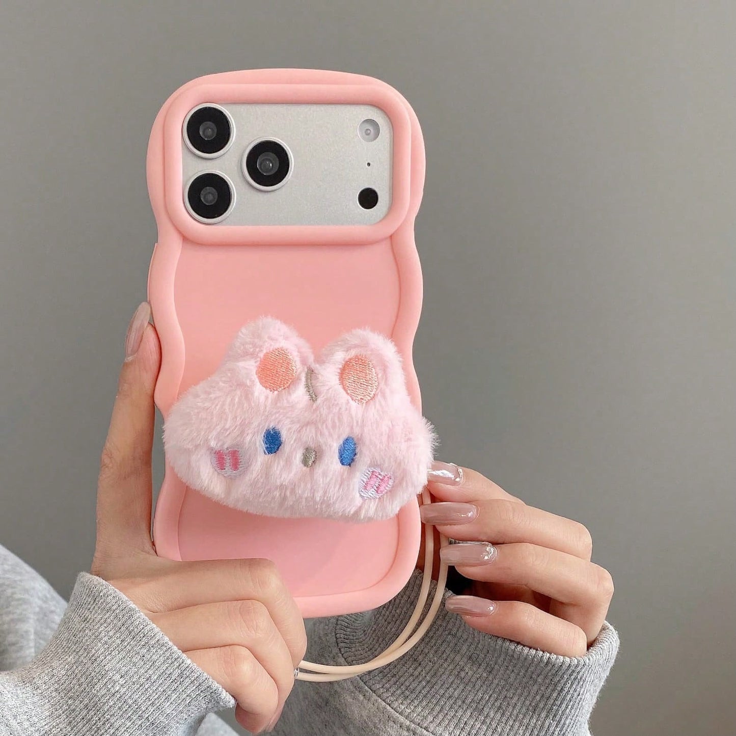 Order & Follow Store To Get Free Lanyard, Minimalist Solid Color Wavy Edge Macaron Phone Case + Cartoon Plush Animal INS Airbag Stand + Lanyard Phone Case/ Compatible With Apple 17PROMAX/16promax/15p