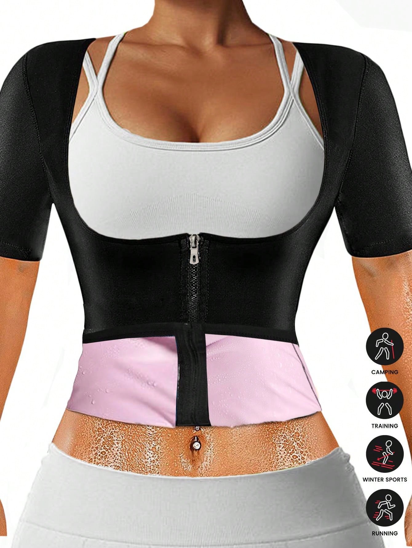 (Order One Size Up) Women's Sports Outdoor Sauna Suit, With Zipper, Waist Belt, Sweat-Absorbing Band, Waist Shaping Corset, Yoga Fitness Accessory, Abdominal Compression Waist Belt, Waist Belt