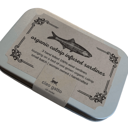 Organic Catnip Infused Wool Sardines in a Tin