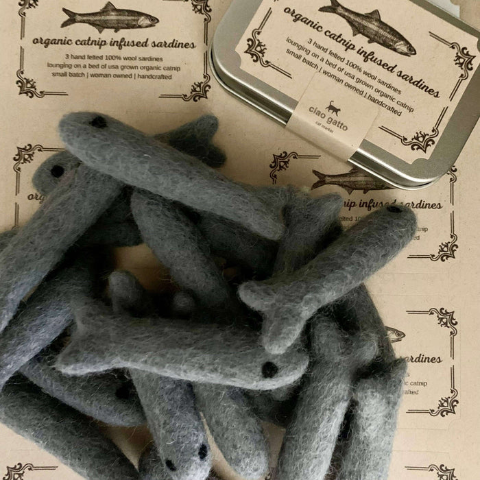 Organic Catnip Infused Wool Sardines in a Tin