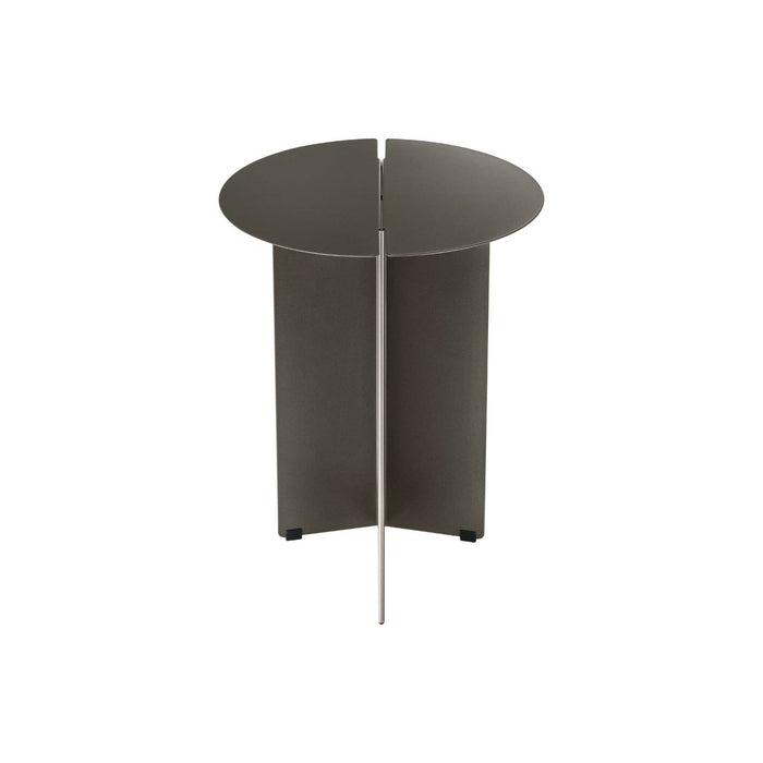 Modern round side table with a metallic finish on a white background
