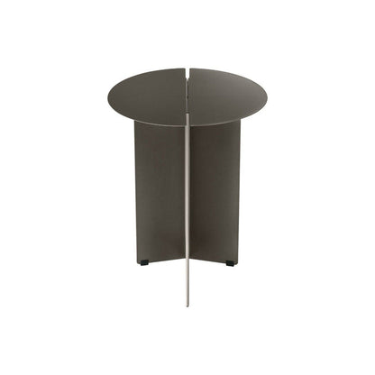 Modern round side table with a metallic finish on a white background
