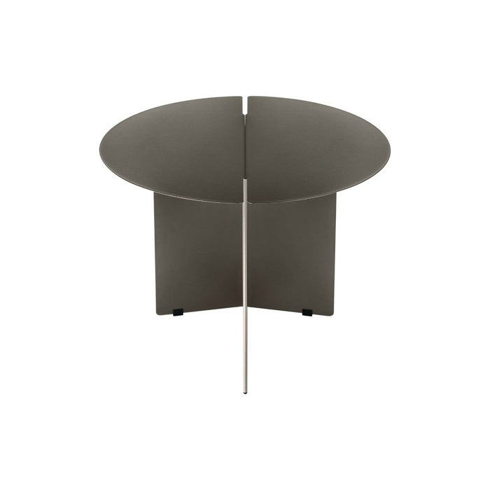 A modern round side table with a dark gray segmented top and a central metal support leg.