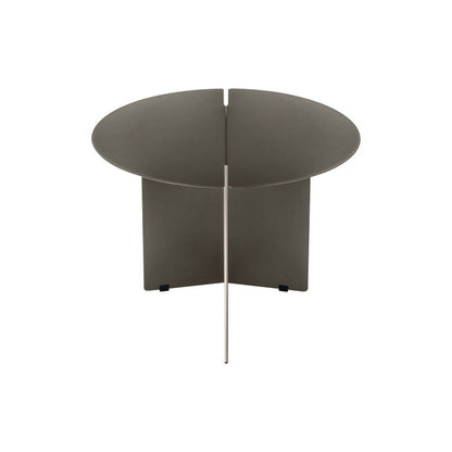 A modern round side table with a dark gray segmented top and a central metal support leg.