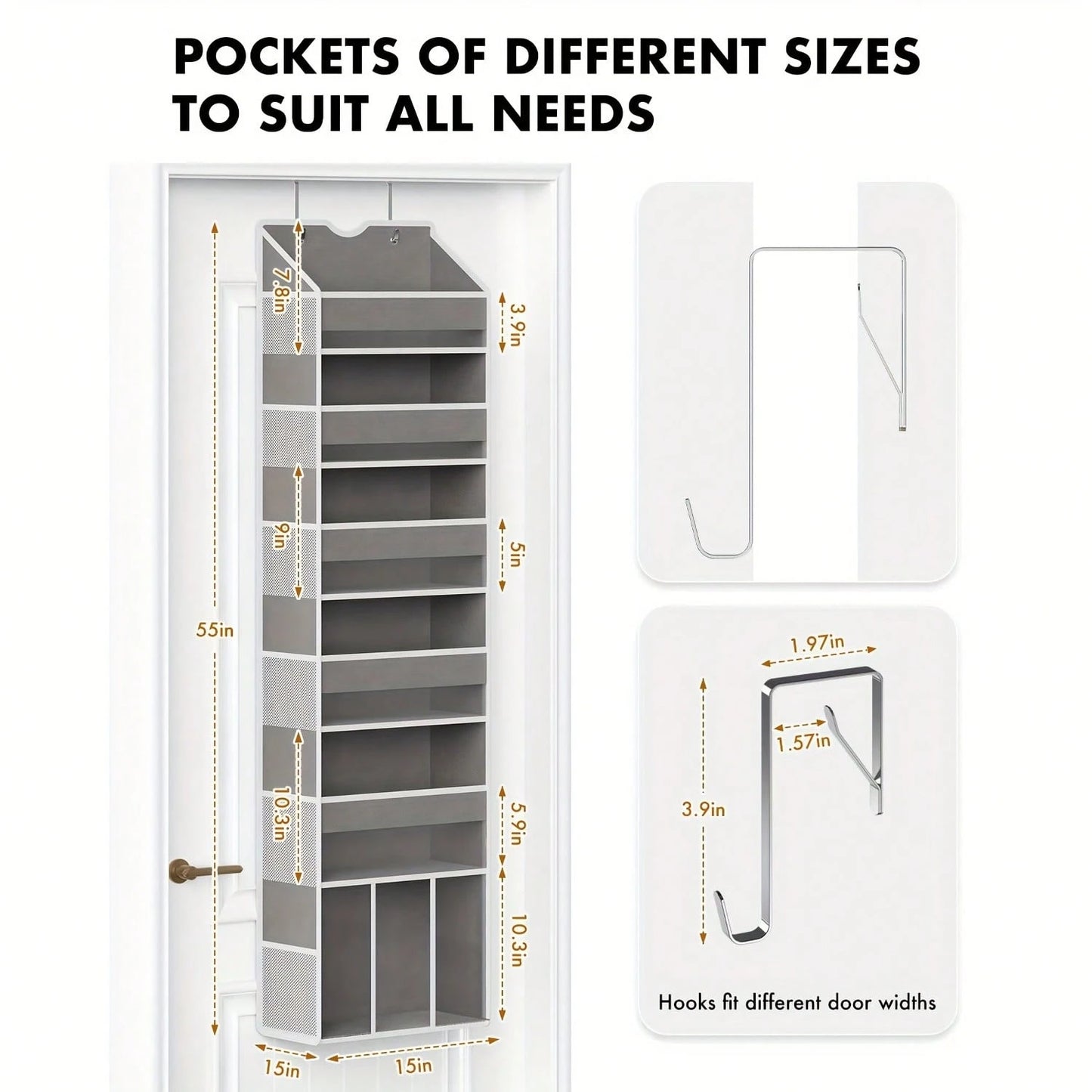 Over The Door Organizer Hanging- 6 Shelf Over Door Organizers With 6 Clear Front &12 Side Pockets- Swing-Proof 50LB Load Behind Door Storage For Closet Bedroom Bathroom Nursery Baby Essentials