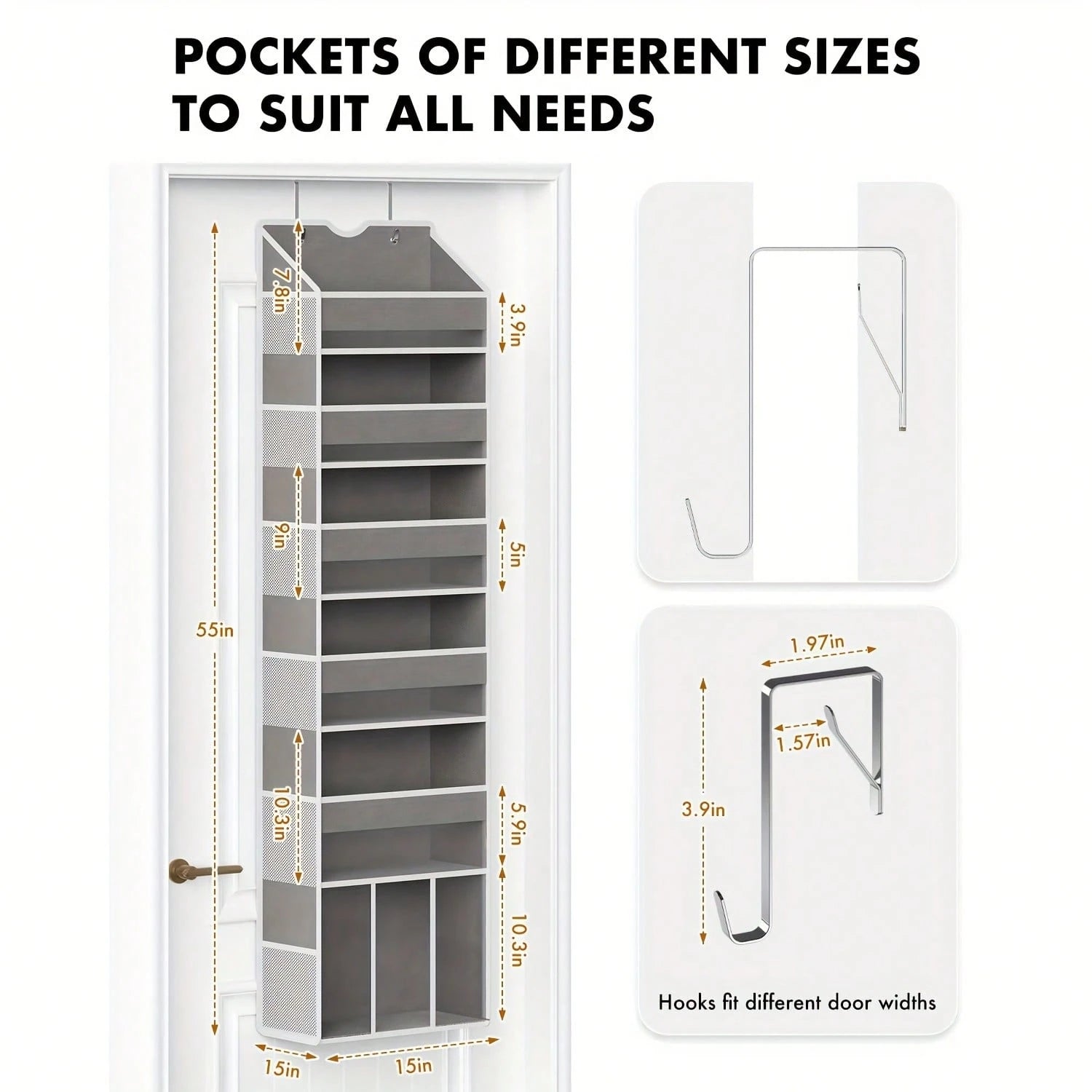 Over The Door Organizer Hanging- 6 Shelf Over Door Organizers With 6 Clear Front &12 Side Pockets- Swing-Proof 50LB Load Behind Door Storage For Closet Bedroom Bathroom Nursery Baby Essentials