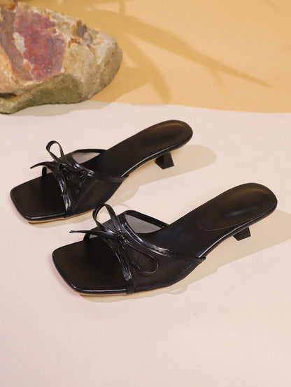 Oversized 1 Size Up Summer New Square Toe Slide Sandals, Thin Heel Thong Sandals, Versatile Outdoor Wear Thin Heel Toe-Post Flip Flops For Women, Mesh Breathable Bowknot