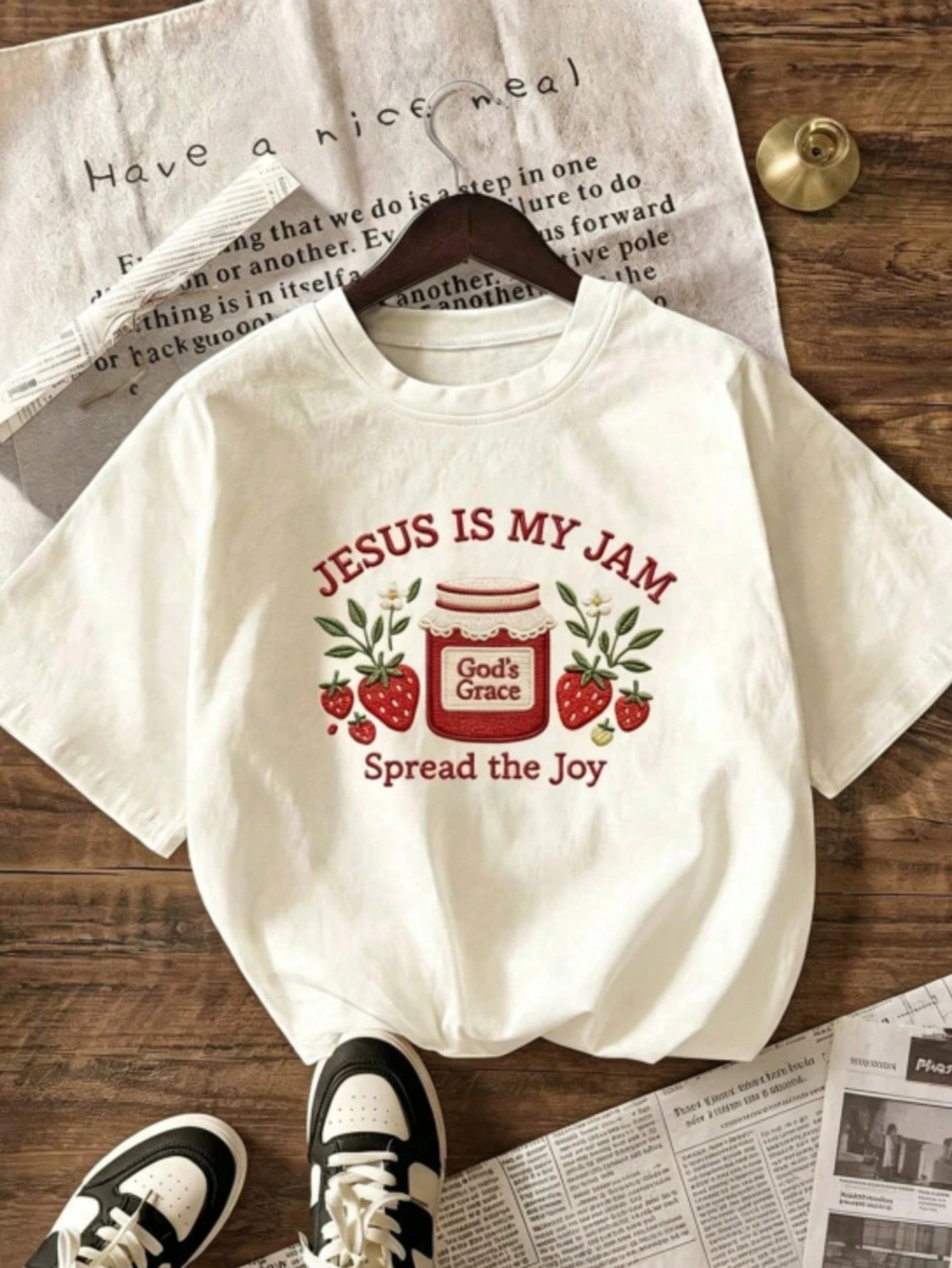 Oversized Tee Summer Casual Tee Women's Casual Strawberry Jam Print Round Neck Short Sleeve T-Shirt, Summer Outfit With Vibrant Floral Print, Faith
