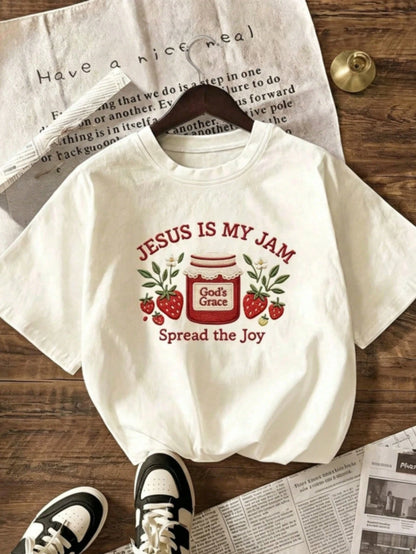 Oversized Tee Summer Casual Tee Women's Casual Strawberry Jam Print Round Neck Short Sleeve T-Shirt, Summer Outfit With Vibrant Floral Print, Faith