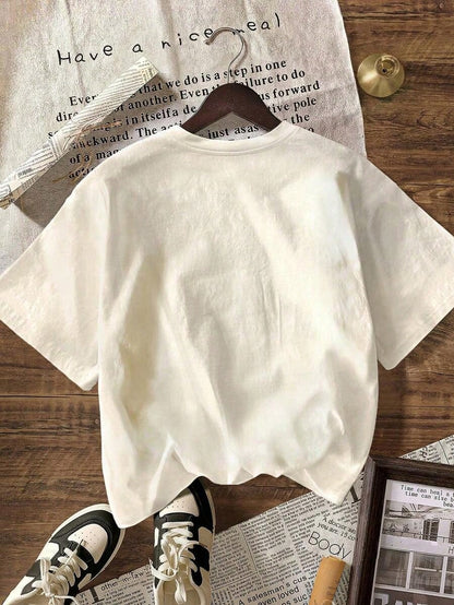 Oversized Tee Summer Casual Tee Women's Casual Strawberry Jam Print Round Neck Short Sleeve T-Shirt, Summer Outfit With Vibrant Floral Print, Faith