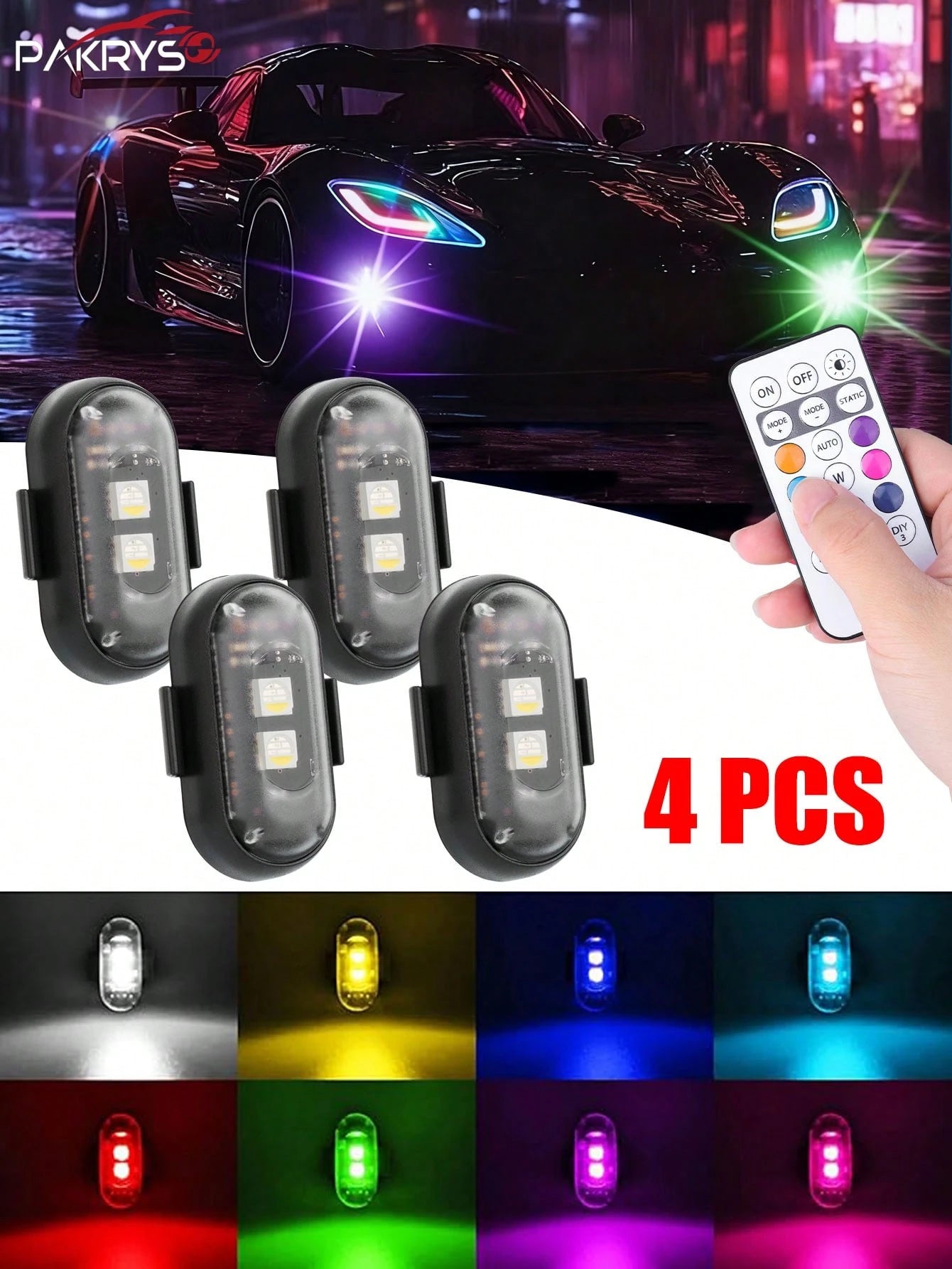 PAKRYS 2/4 Pcs LED Strobe Lights With Remote Control,8 Colors 10 Modes,Hook And Loop Super Glue Installation,110mAh USB Charging,Waterproof,Led Emergency Warning Lights/Motorcycle Lights/LED Flash Pos