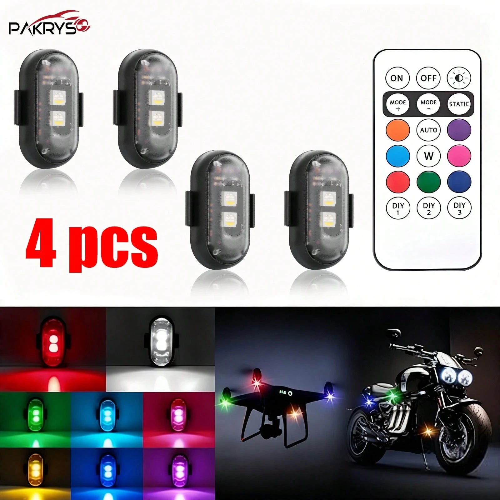 PAKRYS 2/4 Pcs LED Strobe Lights With Remote Control,8 Colors 10 Modes,Hook And Loop Super Glue Installation,110mAh USB Charging,Waterproof,Led Emergency Warning Lights/Motorcycle Lights/LED Flash Pos
