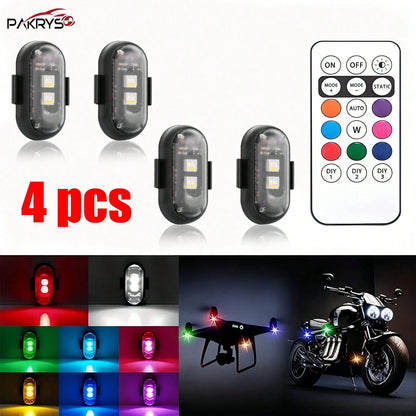 PAKRYS 2/4 Pcs LED Strobe Lights With Remote Control,8 Colors 10 Modes,Hook And Loop Super Glue Installation,110mAh USB Charging,Waterproof,Led Emergency Warning Lights/Motorcycle Lights/LED Flash Pos