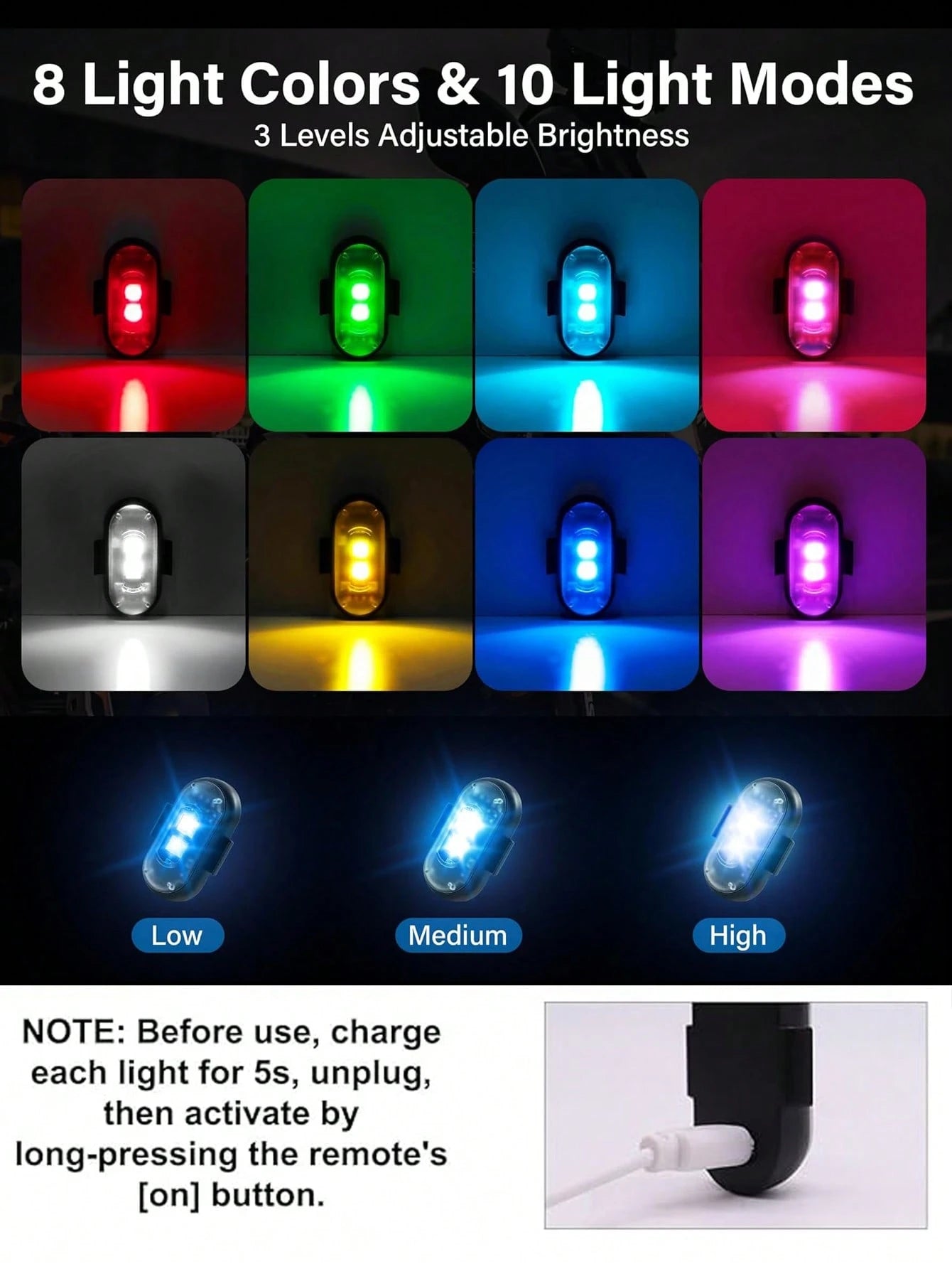 PAKRYS 2/4 Pcs LED Strobe Lights With Remote Control,8 Colors 10 Modes,Hook And Loop Super Glue Installation,110mAh USB Charging,Waterproof,Led Emergency Warning Lights/Motorcycle Lights/LED Flash Pos
