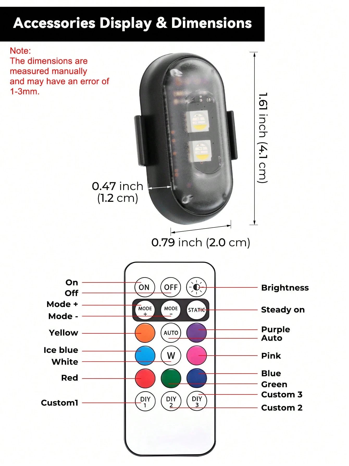 PAKRYS 2/4 Pcs LED Strobe Lights With Remote Control,8 Colors 10 Modes,Hook And Loop Super Glue Installation,110mAh USB Charging,Waterproof,Led Emergency Warning Lights/Motorcycle Lights/LED Flash Pos