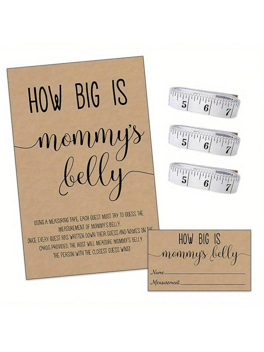Paper Baby Shower Party Game "How Big Is Mom's Belly?"- Unisex Party Activity Set, Includes 50 Guessing Cards, 1 Instruction Sign And 3 Measuring Tapes