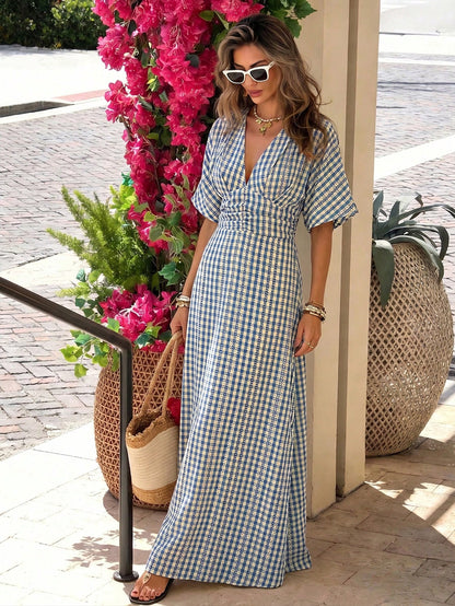 Pariaura Women's Summer Boho Holiday Blue And White Stripe Deep V Neck Batwing Half Sleeve Maxi Dress,Gingham Textured A-Line Tea Party Waist-Cinched Dress