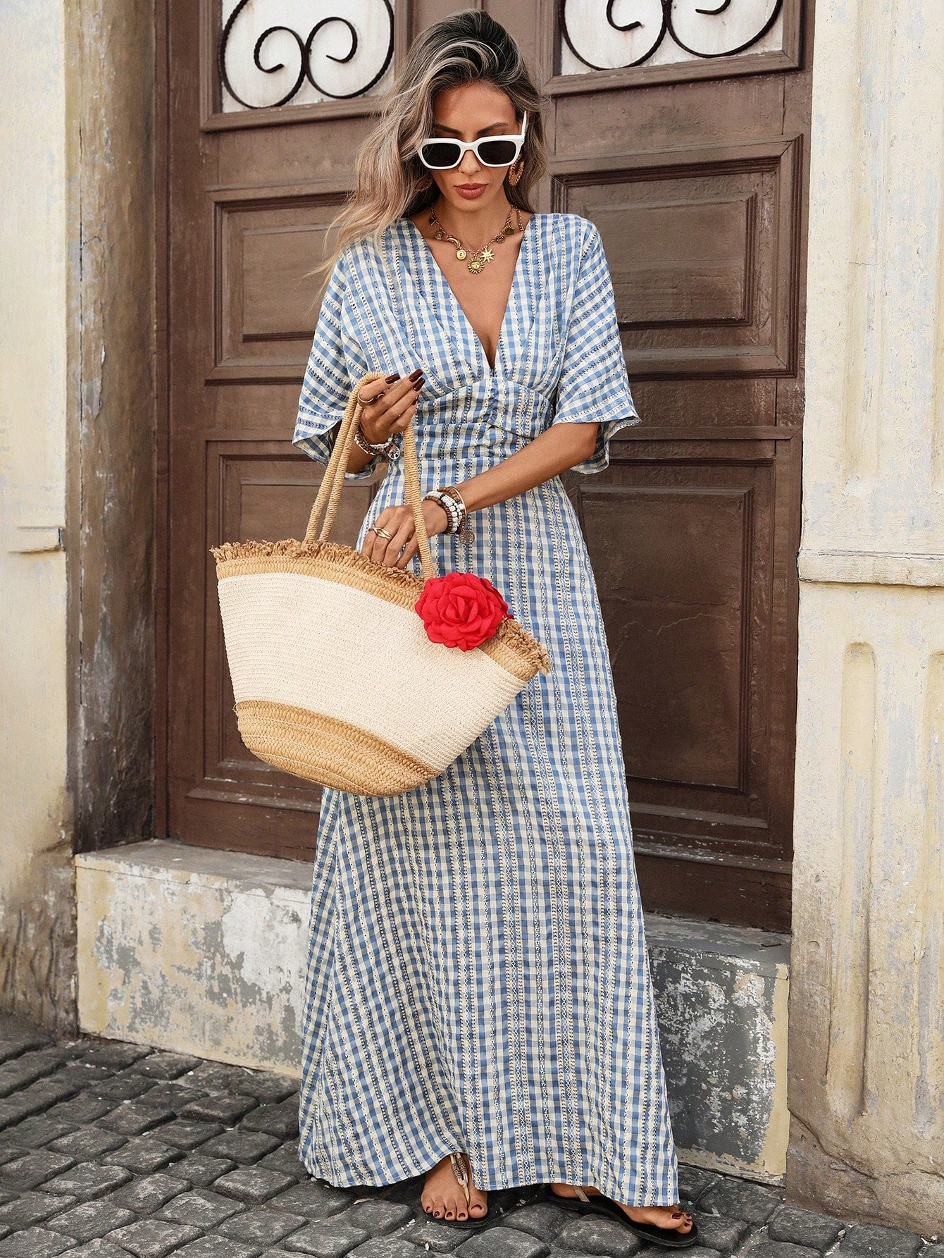 Pariaura Women's Summer Boho Holiday Blue And White Stripe Deep V Neck Batwing Half Sleeve Maxi Dress,Gingham Textured A-Line Tea Party Waist-Cinched Dress