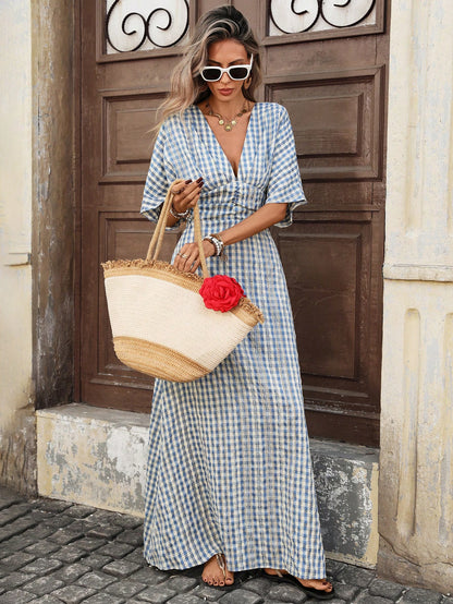 Pariaura Women's Summer Boho Holiday Blue And White Stripe Deep V Neck Batwing Half Sleeve Maxi Dress,Gingham Textured A-Line Tea Party Waist-Cinched Dress