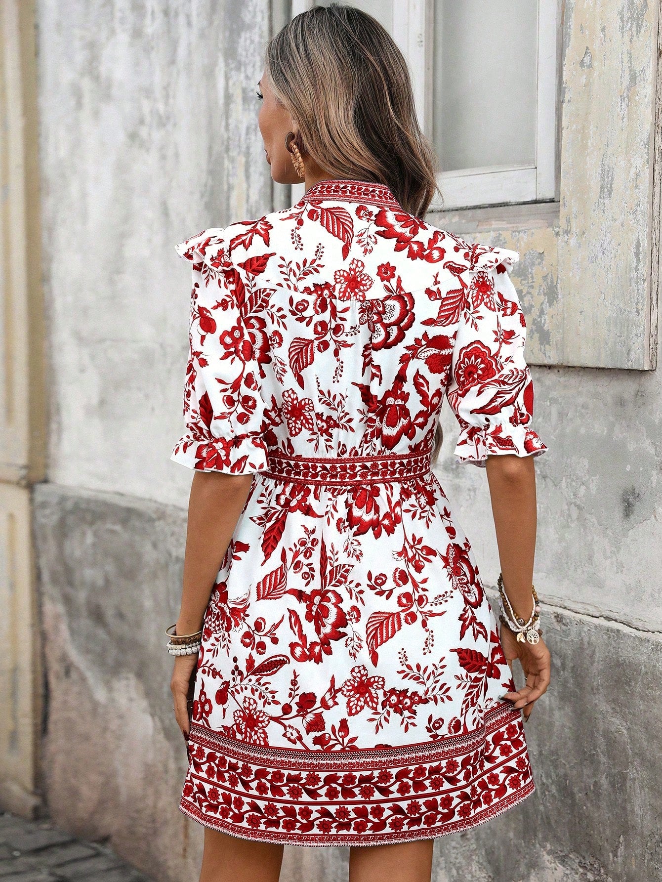 Pariaura Women's Vintage White And Blue Floral Porcelain Print Dress,V-Neck Puff Sleeve Ruffle Hem Short Tea Party Dress,Boho Summer Holiday Vacation Wear
