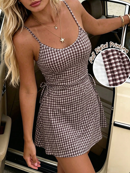 PariChic French Retro Gingham Cami DressIns Blogger Favorite Summer American Retro Brown White Gingham Cami Dress, Waist-Cinched Side Tie V Neck A-Line Mini Dress, Y2K Slimming Casual Party Outf