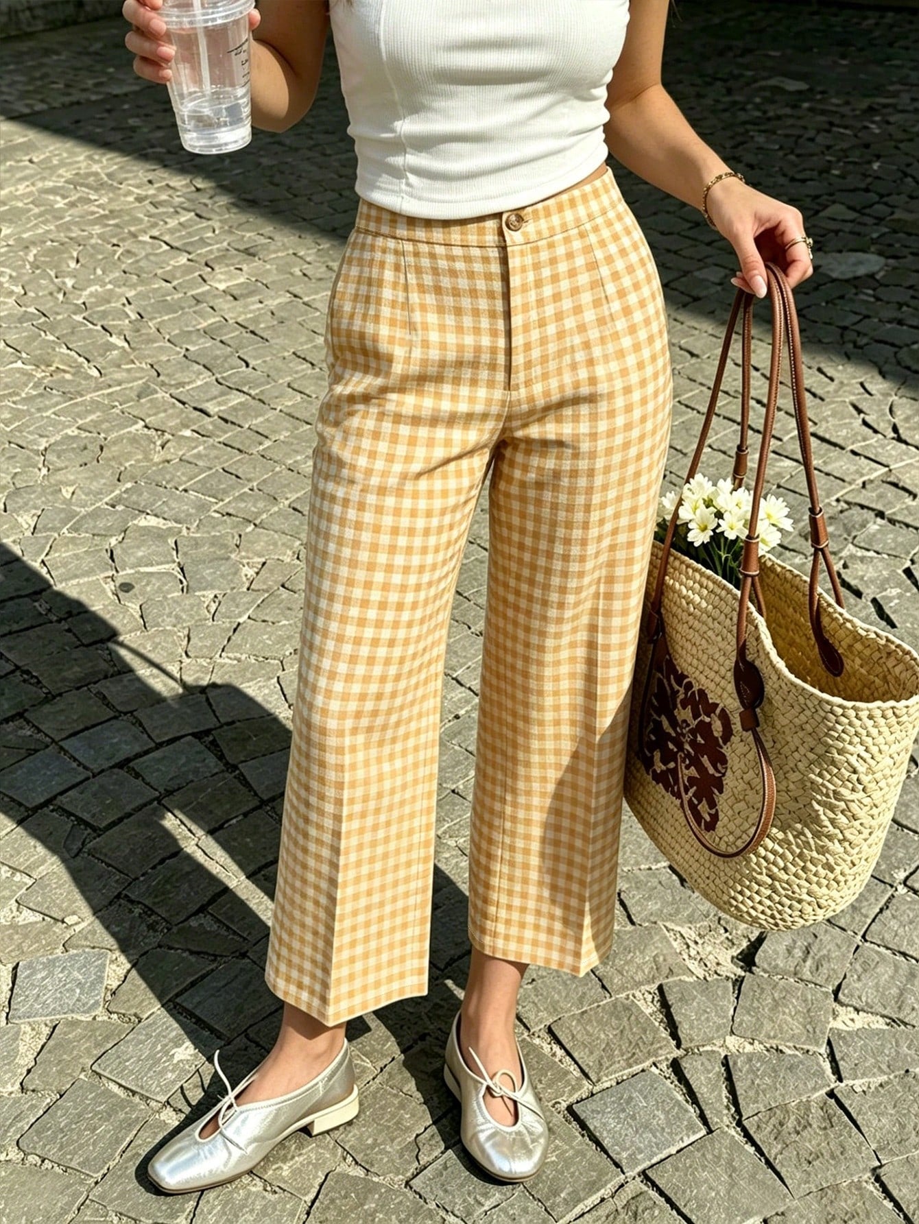 PariChic Summer Yellow And White Plaid Women's Long Pants, Spring, Yellow And White Plaid Women's Long Pants, Spring/Summer Elegant Vacation, Elegant Party, New Spring/Summer Yellow And White